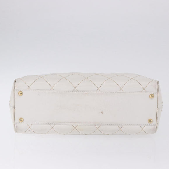 CHANEL Wild Stitch Hand Bag Leather White Gold Tone CC Auth 198377A
