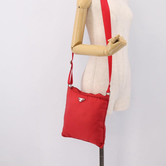 PRADA Shoulder Bag Nylon Red Silver Auth 198455