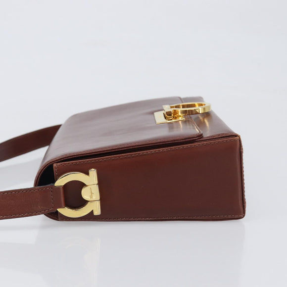 Salvatore Ferragamo Gancini Shoulder Bag Leather Brown Gold Tone Auth 198463A