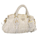 PRADA Gathered Hand Bag Nylon 2way White Gold Tone Auth 198464-1