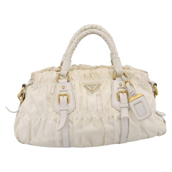 PRADA Gathered Hand Bag Nylon 2way White Gold Tone Auth 198464