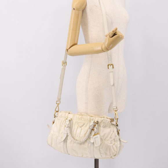 PRADA Gathered Hand Bag Nylon 2way White Gold Tone Auth 198464
