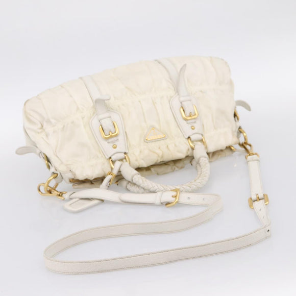 PRADA Gathered Hand Bag Nylon 2way White Gold Tone Auth 198464