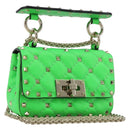 VALENTINO Micro Rockstud Chain Shoulder Bag Leather 2way Green Gold Auth 198465V-1