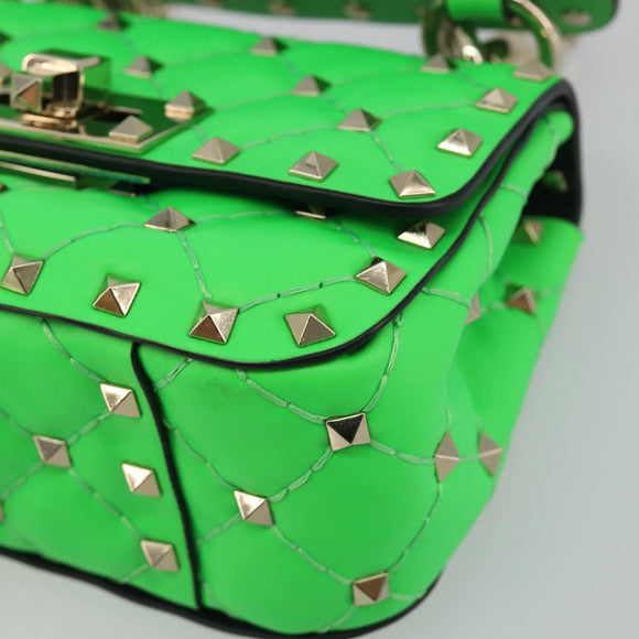 VALENTINO Micro Rockstud Chain Shoulder Bag Leather 2way Green Gold Auth 198465V