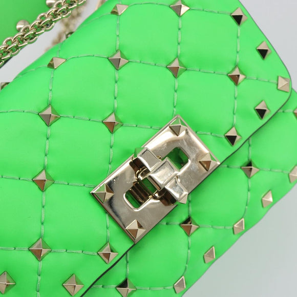 VALENTINO Micro Rockstud Chain Shoulder Bag Leather 2way Green Gold Auth 198465V