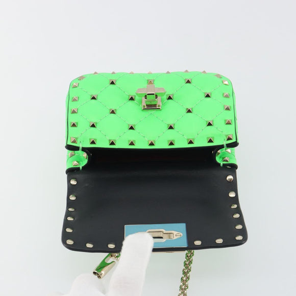 VALENTINO Micro Rockstud Chain Shoulder Bag Leather 2way Green Gold Auth 198465V