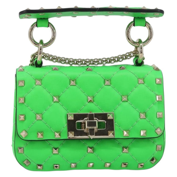 VALENTINO Micro Rockstud Chain Shoulder Bag Leather 2way Green Gold Auth 198465V