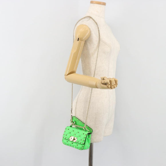 VALENTINO Micro Rockstud Chain Shoulder Bag Leather 2way Green Gold Auth 198465V