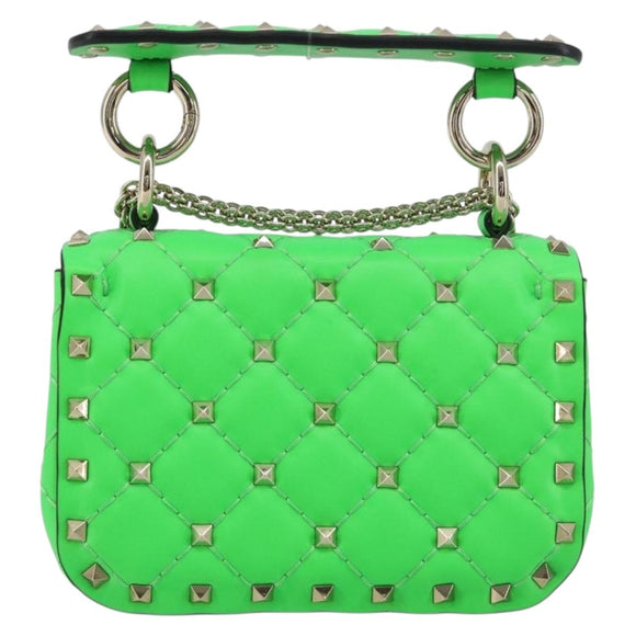 VALENTINO Micro Rockstud Chain Shoulder Bag Leather 2way Green Gold Auth 198465V
