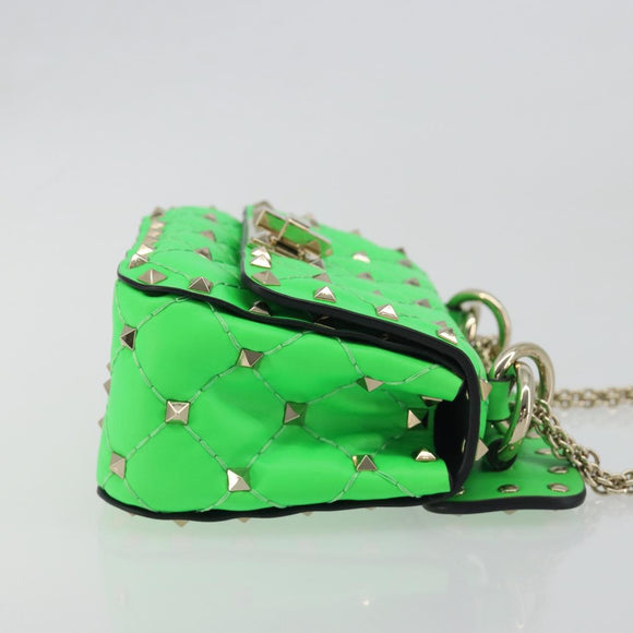 VALENTINO Micro Rockstud Chain Shoulder Bag Leather 2way Green Gold Auth 198465V