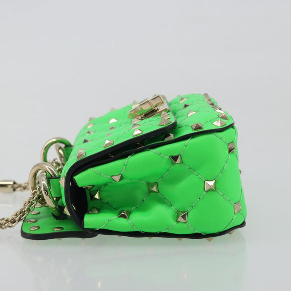 VALENTINO Micro Rockstud Chain Shoulder Bag Leather 2way Green Gold Auth 198465V