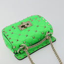 VALENTINO Micro Rockstud Chain Shoulder Bag Leather 2way Green Gold Auth 198465V-6