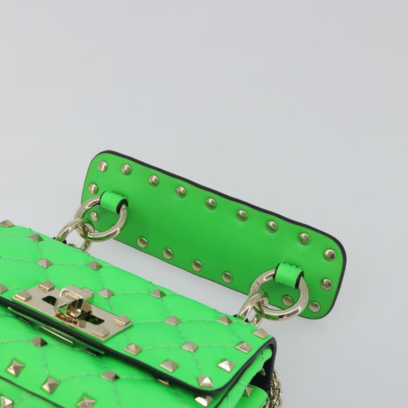 VALENTINO Micro Rockstud Chain Shoulder Bag Leather 2way Green Gold Auth 198465V