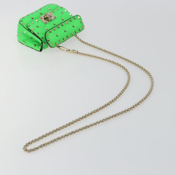 VALENTINO Micro Rockstud Chain Shoulder Bag Leather 2way Green Gold Auth 198465V