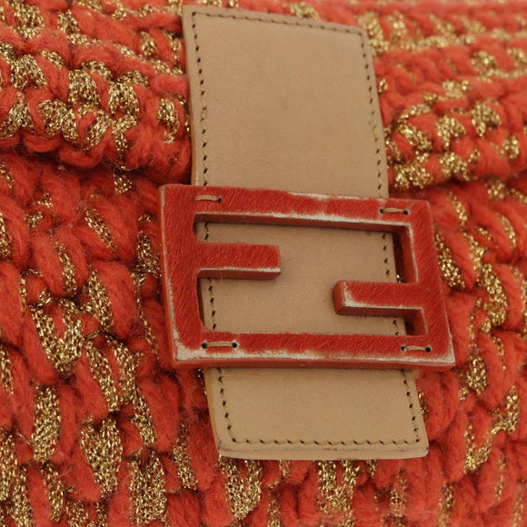 FENDI Mamma Baguette Shoulder Bag Knitted Fabrics Orange Gold Auth 198479SAM