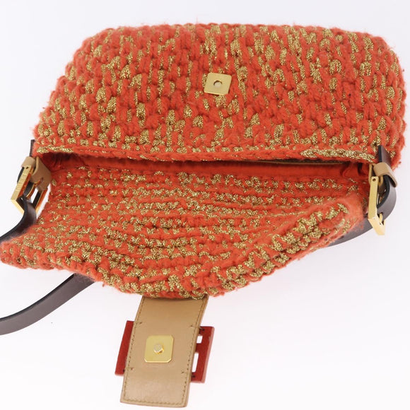 FENDI Mamma Baguette Shoulder Bag Knitted Fabrics Orange Gold Auth 198479SAM