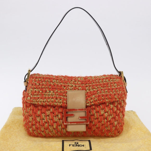 FENDI Mamma Baguette Shoulder Bag Knitted Fabrics Orange Gold Auth 198479SAM