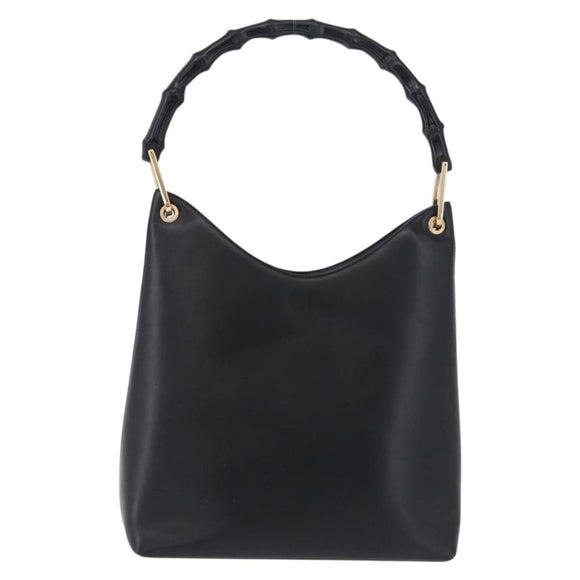 GUCCI Bamboo Hand Bag Leather Black Gold Tone 001 3007 Auth 198483