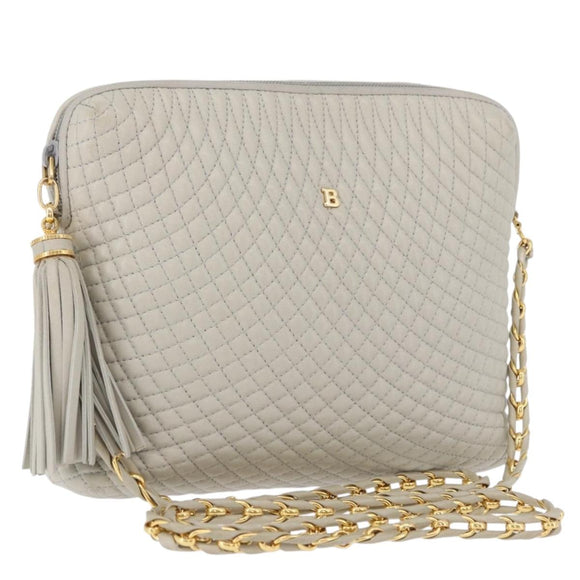 BALLY Chain Shoulder Bag Leather Gray Gold Tone Auth 198489A