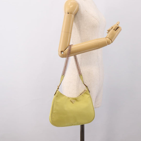 PRADA Chain Shoulder Bag Nylon Yellow Gold Tone Auth 198491A