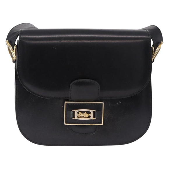CELINE Horse Carriage Shoulder Bag Leather Black Gold Tone Auth 198510