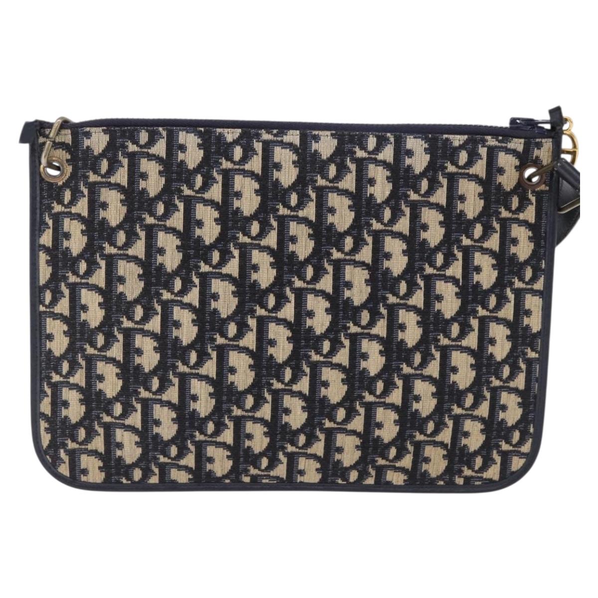 Christian Dior Trotter Canvas Shoulder Bag Navy Gold Tone Auth