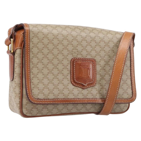 CELINE Macadam Shoulder Bag PVC Leather Beige Gold Tone Auth 198545