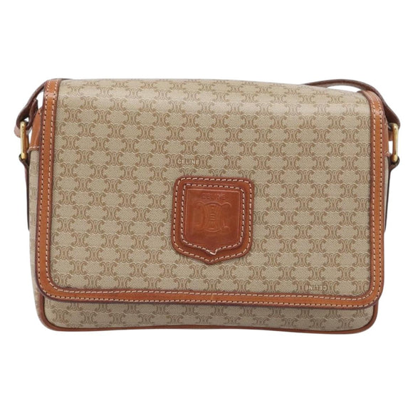 CELINE Macadam Shoulder Bag PVC Leather Beige Gold Tone Auth 198545