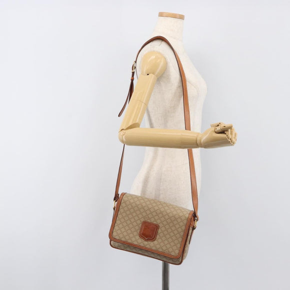 CELINE Macadam Shoulder Bag PVC Leather Beige Gold Tone Auth 198545