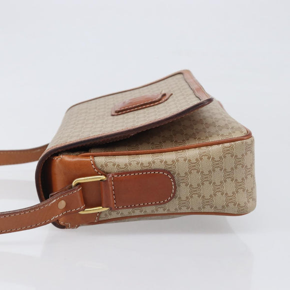 CELINE Macadam Shoulder Bag PVC Leather Beige Gold Tone Auth 198545