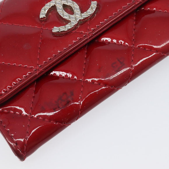 CELINE Matelasse Card Case Patent Red Silver Auth 198555
