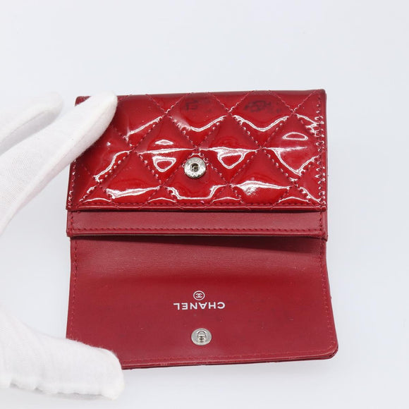 CELINE Matelasse Card Case Patent Red Silver Auth 198555