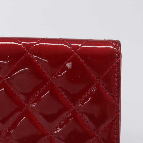 CELINE Matelasse Card Case Patent Red Silver Auth 198555