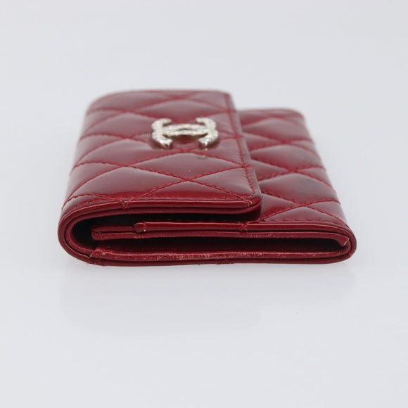 CELINE Matelasse Card Case Patent Red Silver Auth 198555