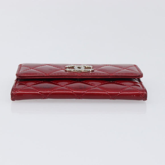 CELINE Matelasse Card Case Patent Red Silver Auth 198555
