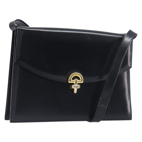 CELINE Shoulder Bag Leather Black Gold Auth 198571