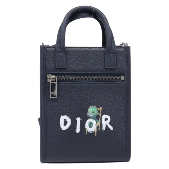 Christian Dior North South Hand Bag Leather 2way Navy Silver Auth 198600M