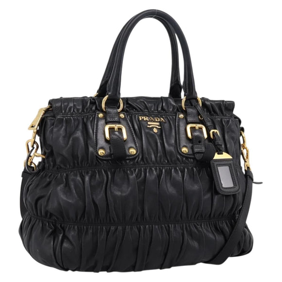 PRADA Nappa Goful Hand Bag Leather 2way Black Gold BN1407 Auth 198604A