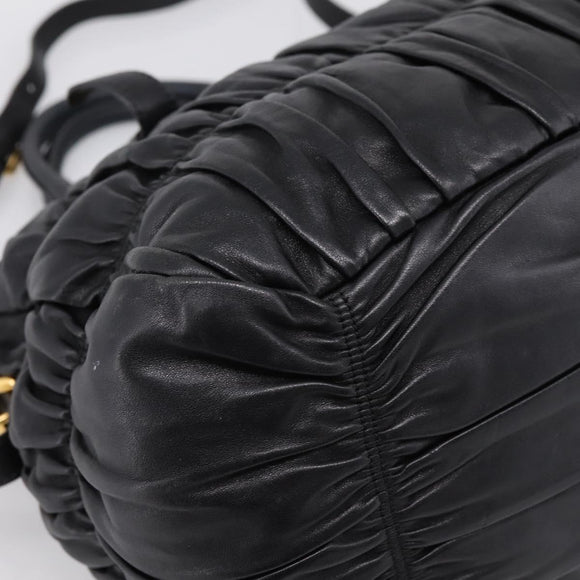PRADA Nappa Goful Hand Bag Leather 2way Black Gold BN1407 Auth 198604A