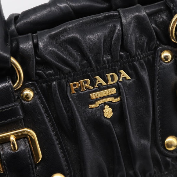 PRADA Nappa Goful Hand Bag Leather 2way Black Gold BN1407 Auth 198604A