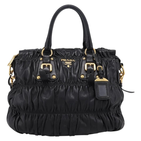 PRADA Nappa Goful Hand Bag Leather 2way Black Gold BN1407 Auth 198604A