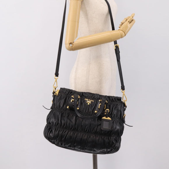PRADA Nappa Goful Hand Bag Leather 2way Black Gold BN1407 Auth 198604A