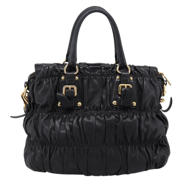 PRADA Nappa Goful Hand Bag Leather 2way Black Gold BN1407 Auth 198604A