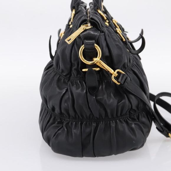 PRADA Nappa Goful Hand Bag Leather 2way Black Gold BN1407 Auth 198604A