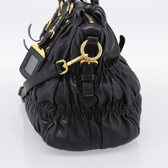 PRADA Nappa Goful Hand Bag Leather 2way Black Gold BN1407 Auth 198604A