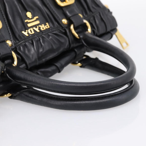 PRADA Nappa Goful Hand Bag Leather 2way Black Gold BN1407 Auth 198604A
