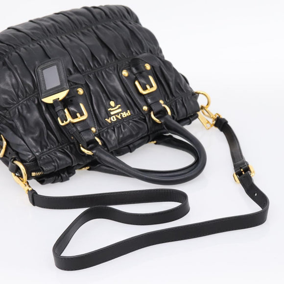 PRADA Nappa Goful Hand Bag Leather 2way Black Gold BN1407 Auth 198604A