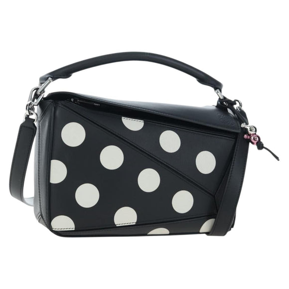 LOEWE Puzzle 10 Puzzle Bag Small Leather 2way Black Silver Auth 198606SM