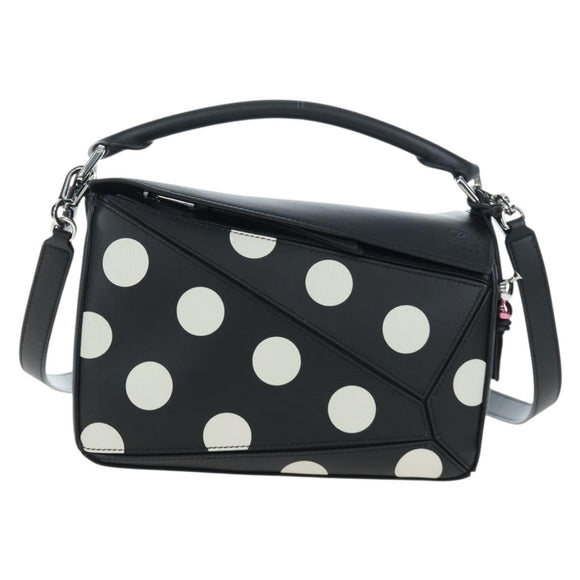 LOEWE Puzzle 10 Puzzle Bag Small Leather 2way Black Silver Auth 198606SM